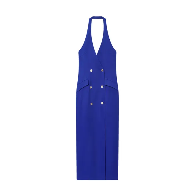 Female Minimalist Hanging Neck Cross Design MIDI Dress Blue - Shop at LoveMi