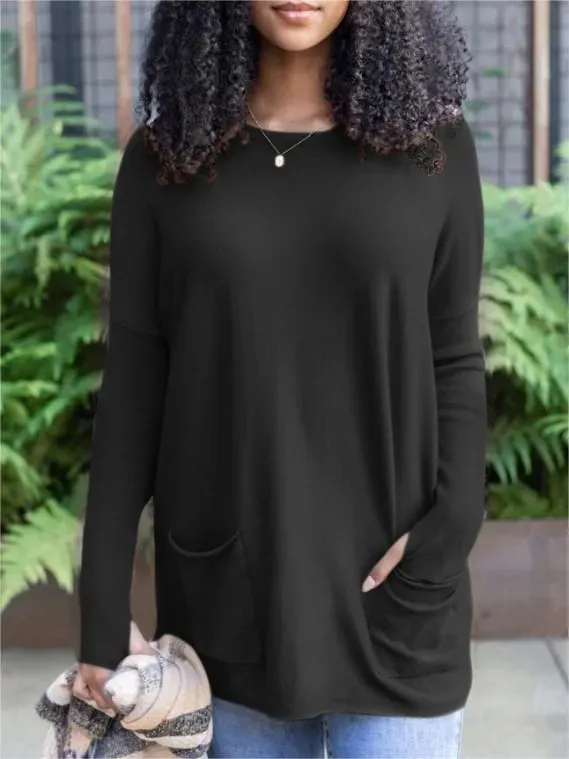 Fashion Pocket Long Sleeve Top For Women Black - Shop at LoveMi