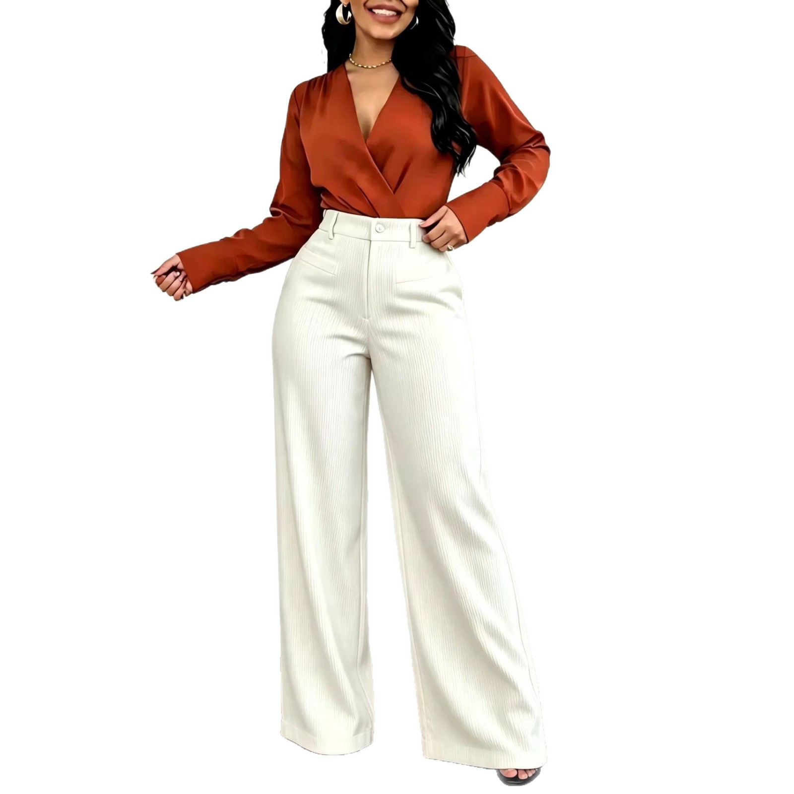 Pantalon femme uni chic décontracté, coupe ample à jambes larges fuselées, effet amincissant, tombé fluide