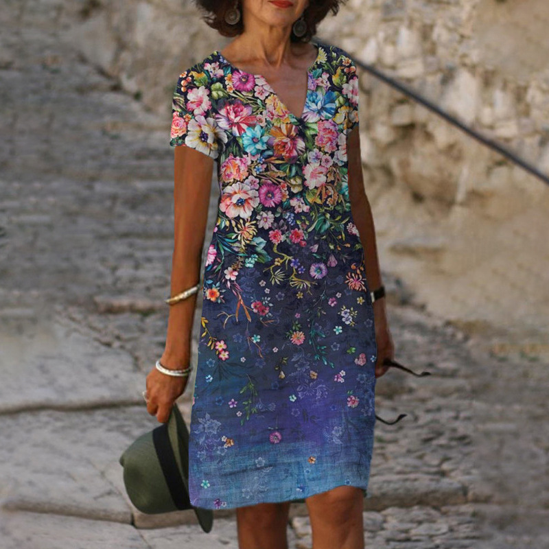 New Printed V-neck Short Sleeve Dress
