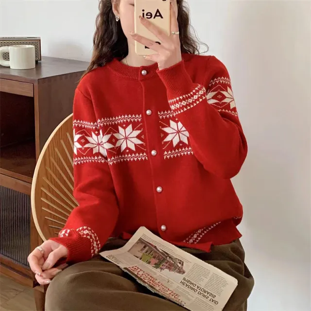 Women's Korean style Contrasting Color Jacquard Knitted Cardigan Red - Shop at LoveMi