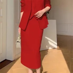 Slimming Loose-fitting Casual Suit Skirt Two-piece Set - Red - View 1