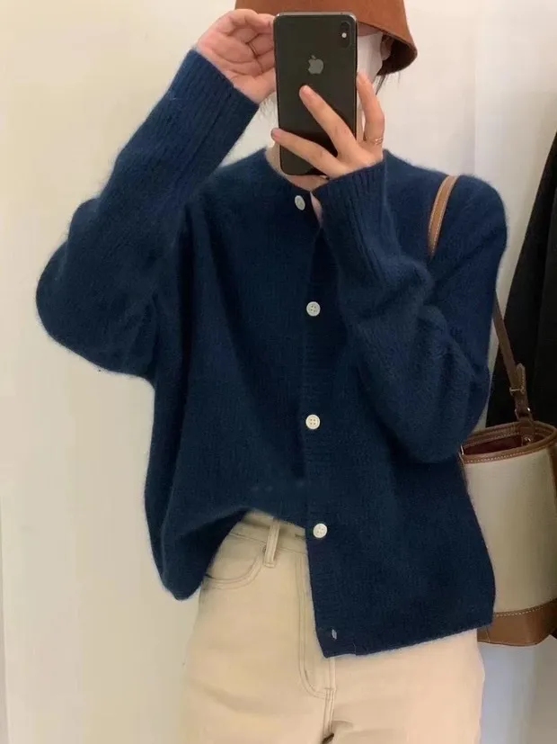Autumn And Winter Cashmere Cardigan For Women Round Neck Thickened Knitted Blue - Shop at LoveMi