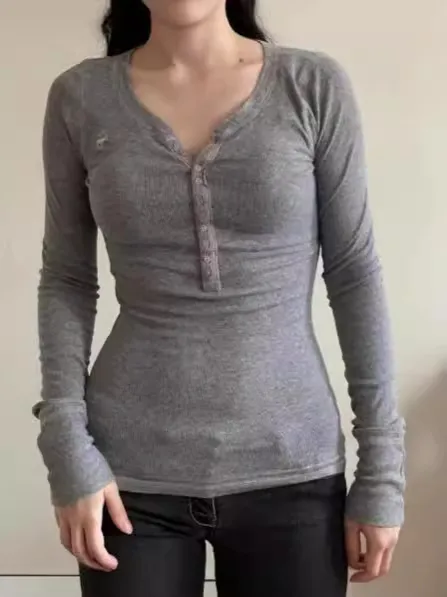 Simple Solid Color Rib Fabric Tight Long Sleeve Bottoming Shirt Gray - Shop at LoveMi