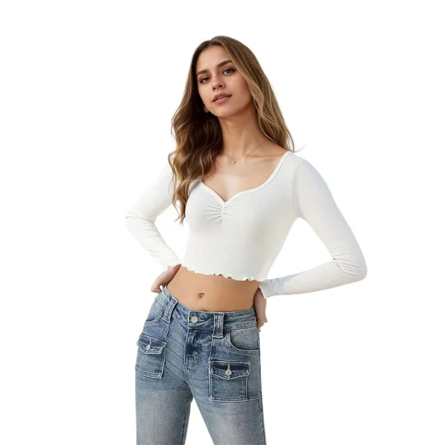 Cropped Long sleeve Fitted T shirt Square Neck Sexy Women's Top Beige - Shop at LoveMi