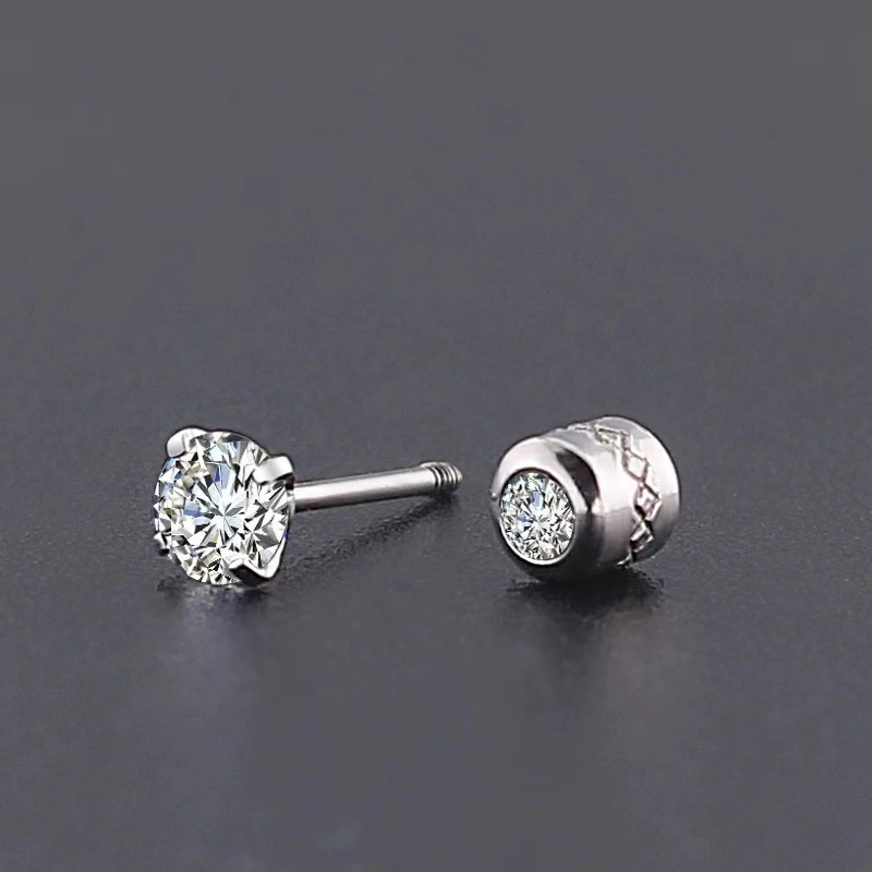 Four-claw 3A Zircon Thin Needle Stud Stainless Steel Electroplated Double Diamond Earrings