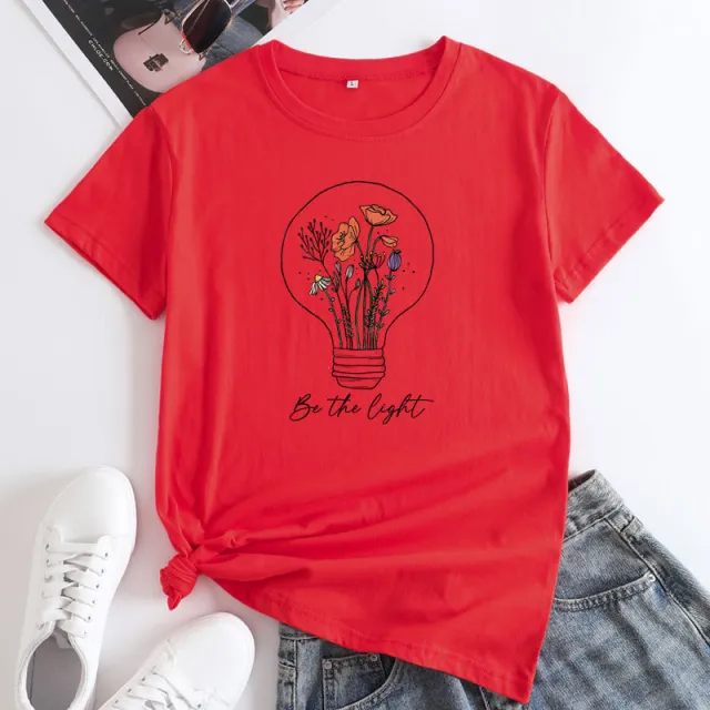 European And American Flower Light Letter Fashion Round Neck Short Sleeves T shirt Red - Shop at LoveMi