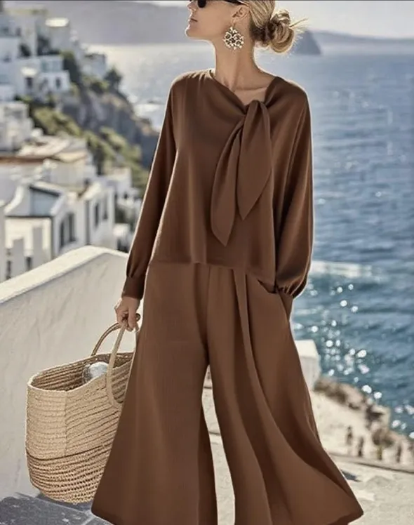 Women's Casual Solid Color Long Sleeve Top And Pants Two Piece Set Brown - Shop at LoveMi