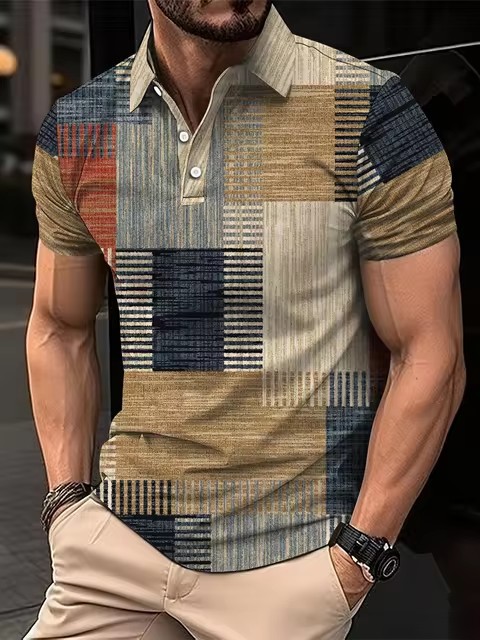 Mens Casual Printed Striped Polo Shirt