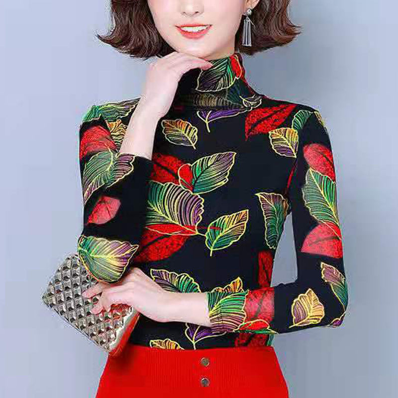 Fleece-lined Thickened Middle-aged Mother Half-high Collar Inner Match Outer Wear Printed Bottoming Shirt
