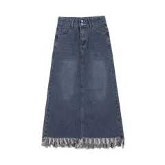 Plus Size Tassel Half-length Denim Women's Style Autumn High Waist Slimming A- Line Long Overknee Skirt - Blue - View 1