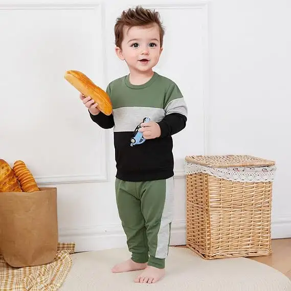 Boys SpringAutumn Color-Block Patchwork Crewneck Long-Sleeve Two-Piece