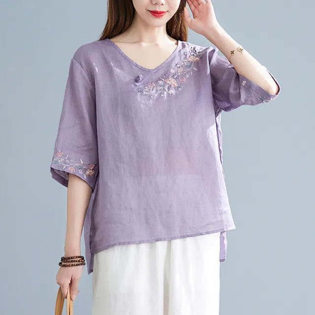 Women's Fashion Retro Button Embroidery V neck T shirt Purple - Shop at LoveMi