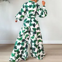Women's Clothing Fashion Casual Loose Long Sleeve Printed Trousers Suit - Green - View 1