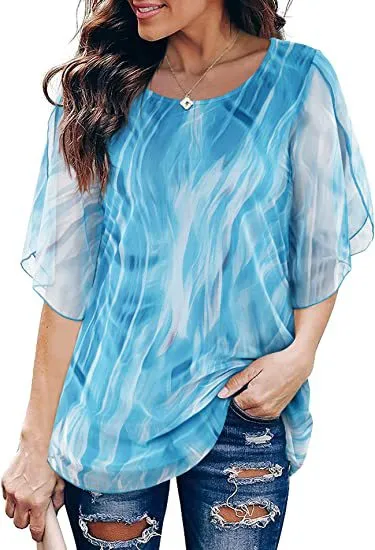 Pleated 34 Sleeve Chiffon Loose Flowy Top Blue - Shop at LoveMi