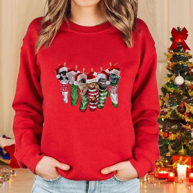 Lady Christmas Cat Round Neck Sweater Long Sleeve 8Style - Shop at LoveMi