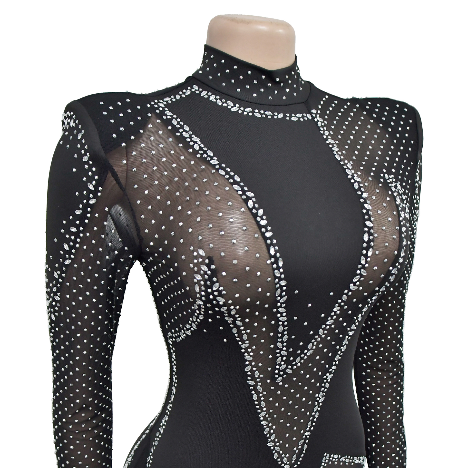 Title 11, Wear Pure Color Mesh Rhinestone Long-sleeved Tr...