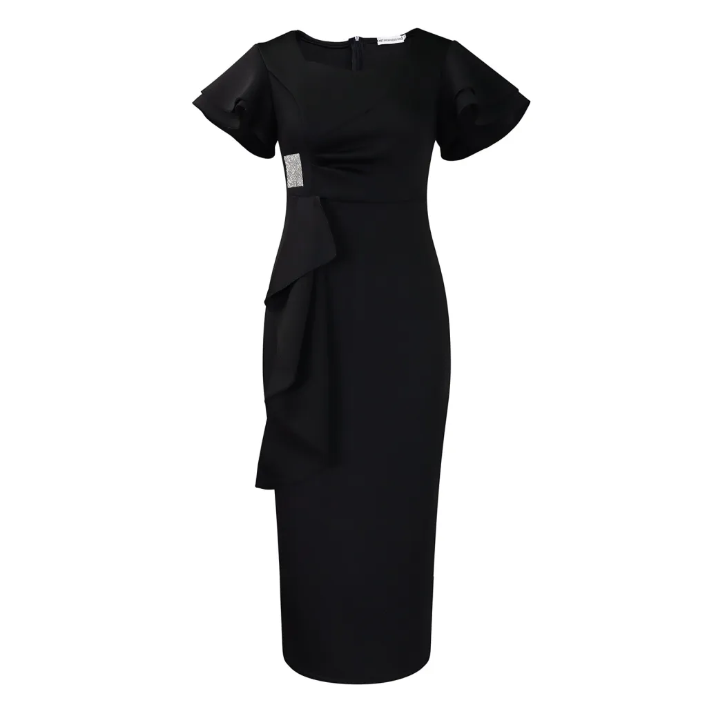 Fashionable Elegant Ruffled Solid Colour Sheath - Black