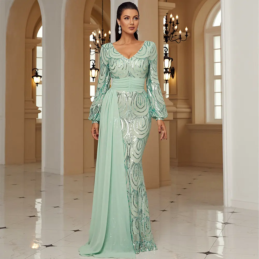 Long Sleeve Sexy Sequined V-neck Banquet Ribbon