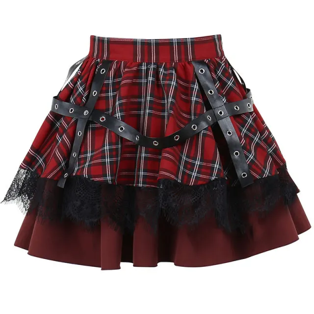 Saibo Punk Goth Lace Stitching A Line Bubble Y2g With Plaid Skirt Red 2801 - Shop at LoveMi