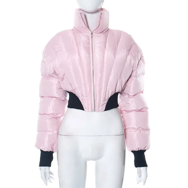 New Solid Color Casual Polo Collar Long sleeve Zipper Slim Fit Midriff baring Jacket Pink - Shop at LoveMi