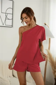 Off-the-shoulder Short Sleeve Sloping-shoulder Off The-shoulder Casual Two-piece Suit - Red - View 1