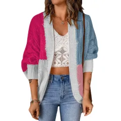 Color Stitching Knitted Cardigan Sweater Outside - Rose Red - View 1
