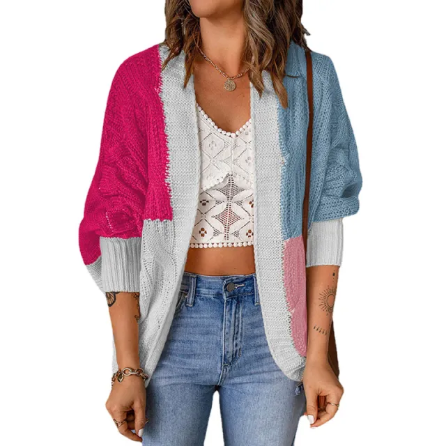 Color Stitching Knitted Cardigan Sweater Outside Rose Red - Shop at LoveMi