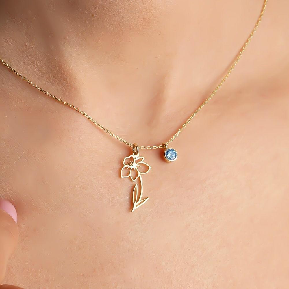 Minimalist December Flower Necklace With Birthstone, Titanium Steel, For Women
