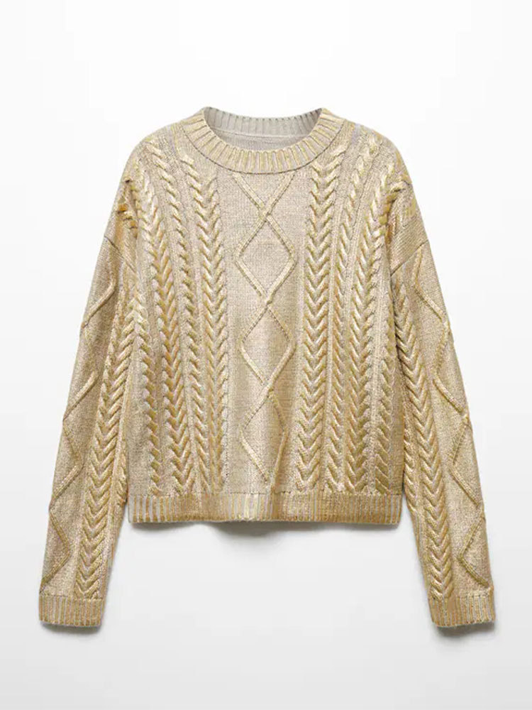 Fashion Metal Rib Twisted Sweater Pullover Golden - Shop at LoveMi