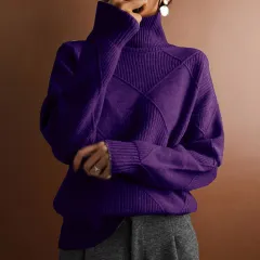 Loose High Collar Warm Sweater Solid Colour Knitted Women - Bright Violet-Xxl - View 1