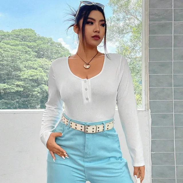 Women's Slim fit Stretch Knit Long sleeve Casual Versatile Top White - Shop at LoveMi