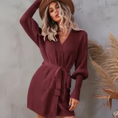 Women's Solid Colour Knitted Lace-up Cardigan Sweater - Purplish Red - View 1