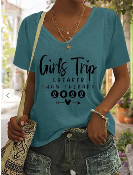 Summer Girls Trip Printed European And American Leisure Loose V neck Women's T shirt Peacock Green - Shop at LoveMi