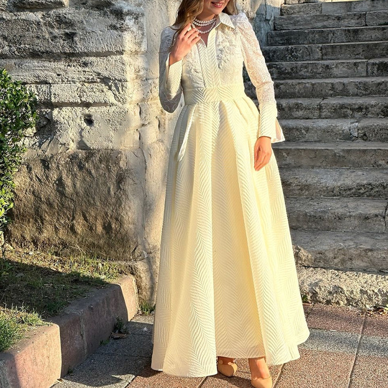 White Front Chest Flower Beads Lace Yarn French Style Retro Long Sleeve Fashion Slim Dress
