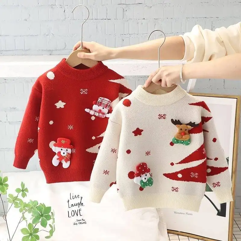 Western Style Christmas Red New Year Greeting Baby Thickened Kids' Sweater