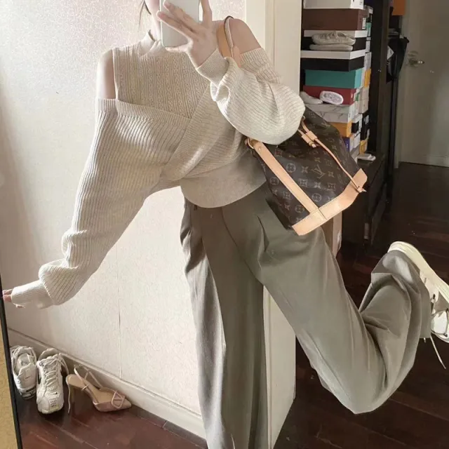 Women's Half Turtleneck Off Shoulder Fake Two Pieces Hollow out Knitted Sweater Gray - Shop at LoveMi