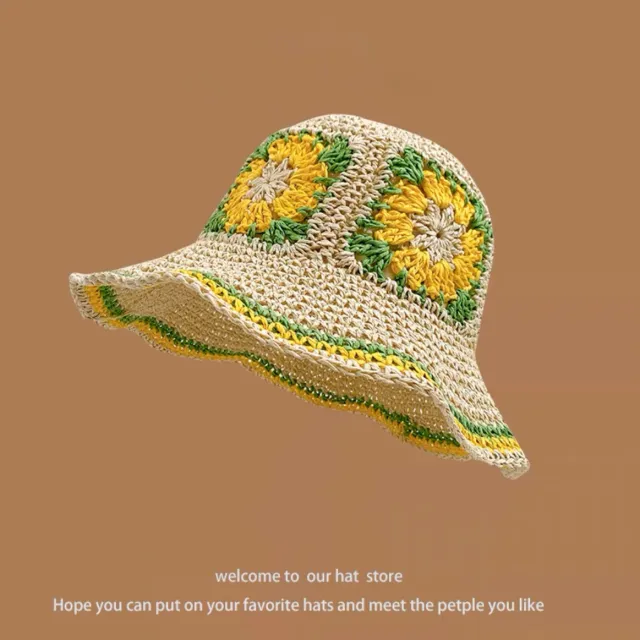 Sweet All matching Woven Straw Hat Female Seaside Sun proof Bucket Hat Green 5 Flowers Flower Beige - Shop at LoveMi