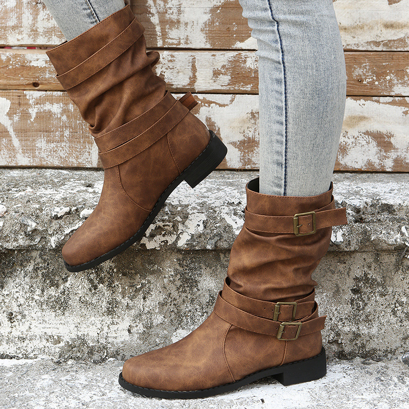 New-style Leather-buckle Low-heeled Womens Boots