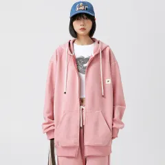 Solid Colour Cardigan Hoodie Couple's Tops Coat Loose Casual Long Sleeves - Pink - View 1
