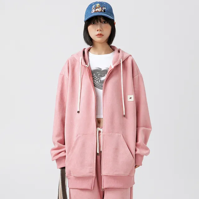 Solid Color Cardigan Hoodie Couple's Tops Coat Loose Casual Long Sleeves Pink - Shop at LoveMi