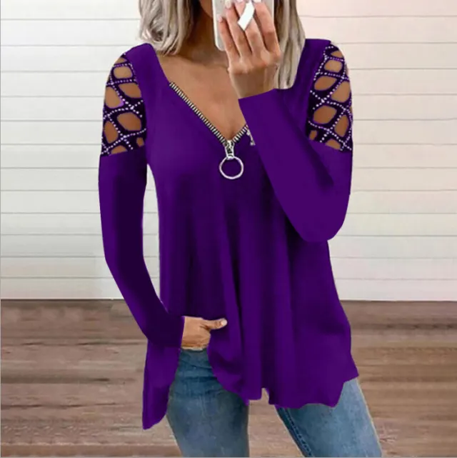 Women's V neck Hollow sleeve Rhinestone Casual Top Purple - Shop at LoveMi