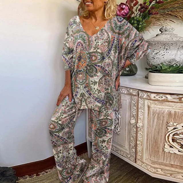 Women's Fashion Floral V Neck Top Casual Pants Set Green - Shop at LoveMi