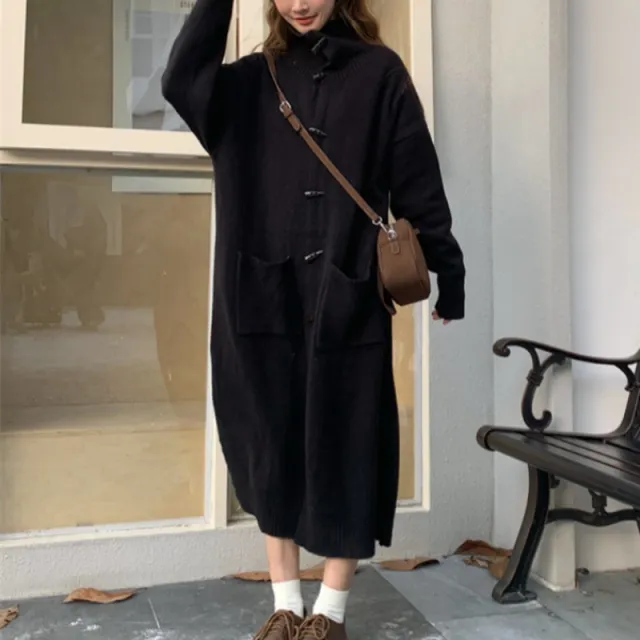 Horn Button Sweater Cardigan Women's Mid length Turn down Collar Coat Black - Shop at LoveMi