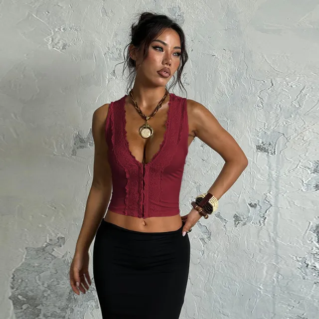 Lace Trim Sexy Crop Top For Women Wine - Shop at LoveMi