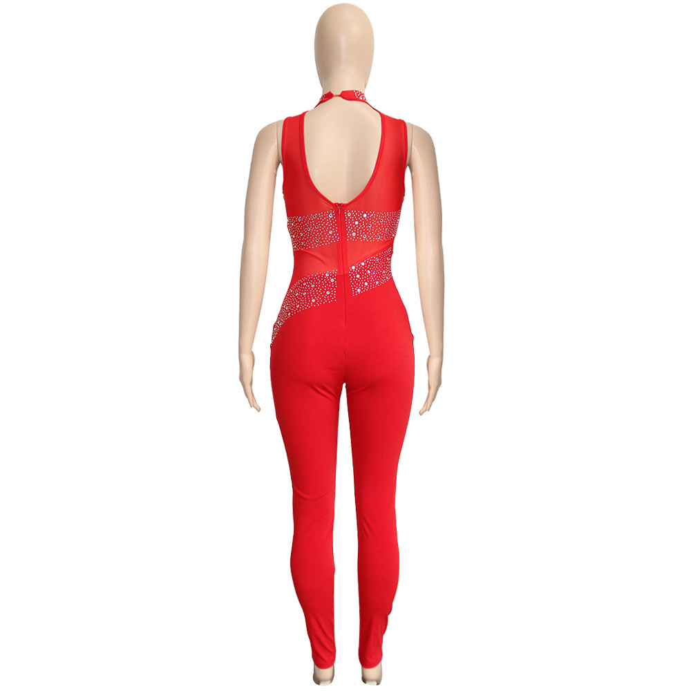 Mesh See-through Rhinestone Sleeveless One-piece Trousers