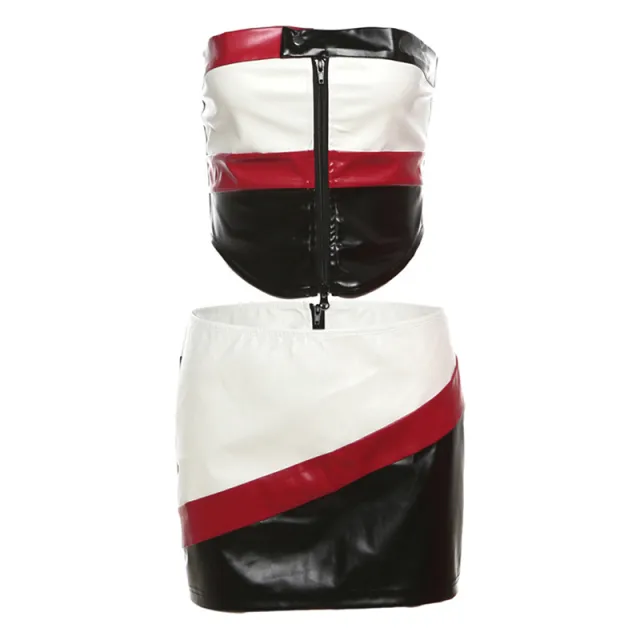 Fashion Color Contrast Tube Top Backless Zipper Skirt Outfit Red - Shop at LoveMi