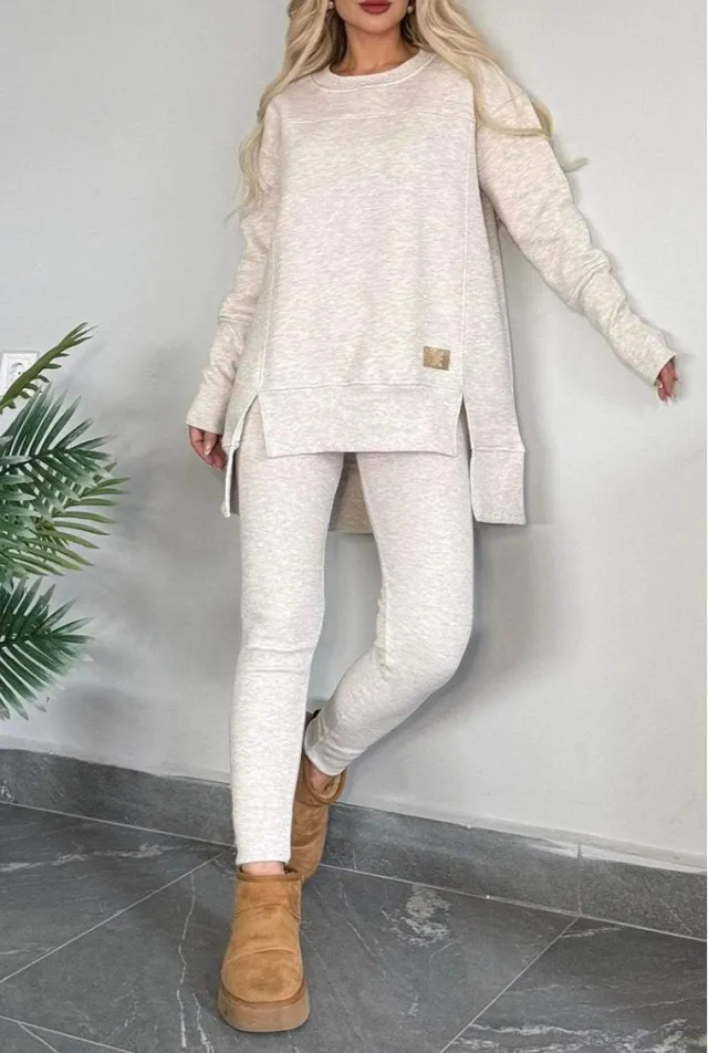 Women's Slit Long Sleeve Top And Trousers Suit White - Shop at LoveMi
