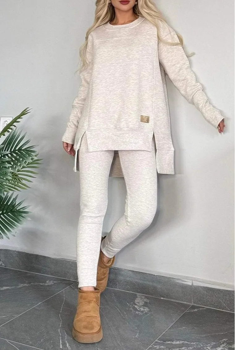 Women's Slit Long Sleeve Top And Trousers Suit - White