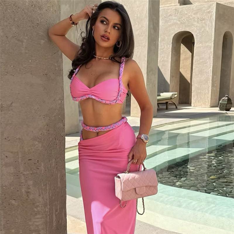 Cool Contrast Color Camisole Sexy Slim Side Slit Skirt Suit